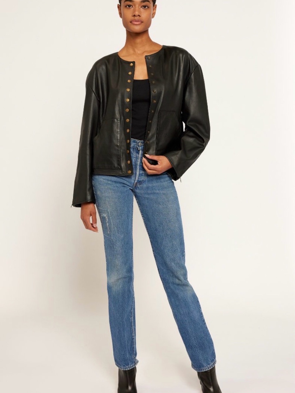 Lennox Joie Black Leather Snap-Front Jacket
